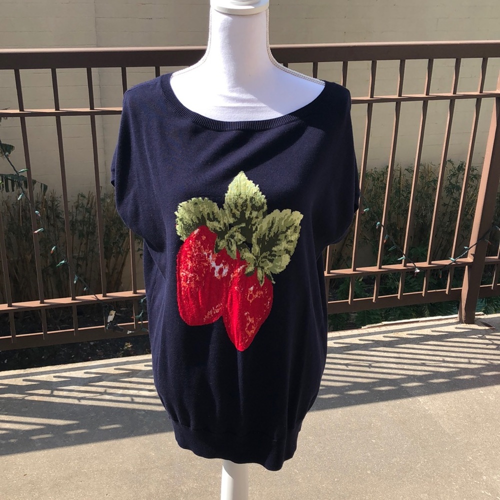 Navy strawberry print cap sleeve sweater